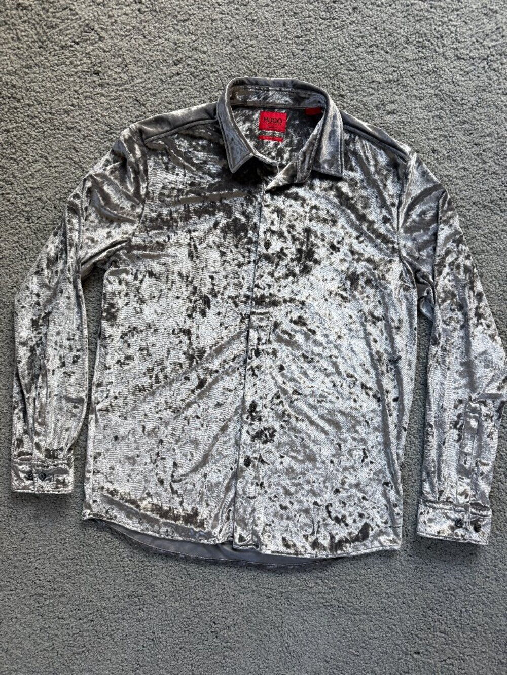 HUGO Boss Emero Silver Velvet Stretch Button Down Shirt -Size L- Excellent Cond.